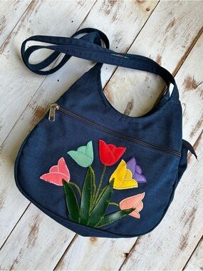 Handmade vintage tulip floral hobo shoulder bag, cottagecore purse faux denim
